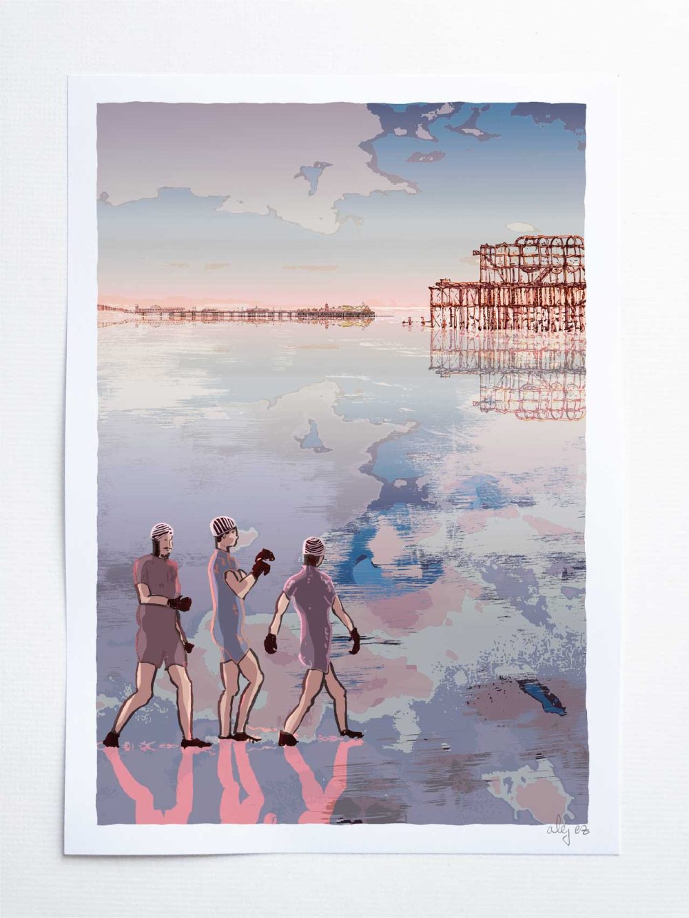 Art print by artist alej ez titled Cold Watter Swimming at Low tide by the West Pier Brighton
