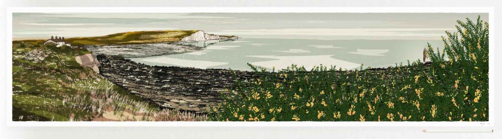 art print by artist alej ez titled Cuckmere Cottages Old Green Seven Sisters Cliffs
