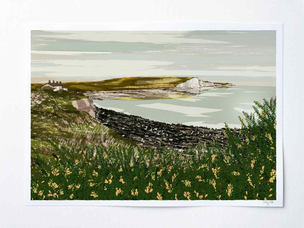 art print by artist alej ez titled Cuckmere Cottages Crimson Seven Sisters Cliffs