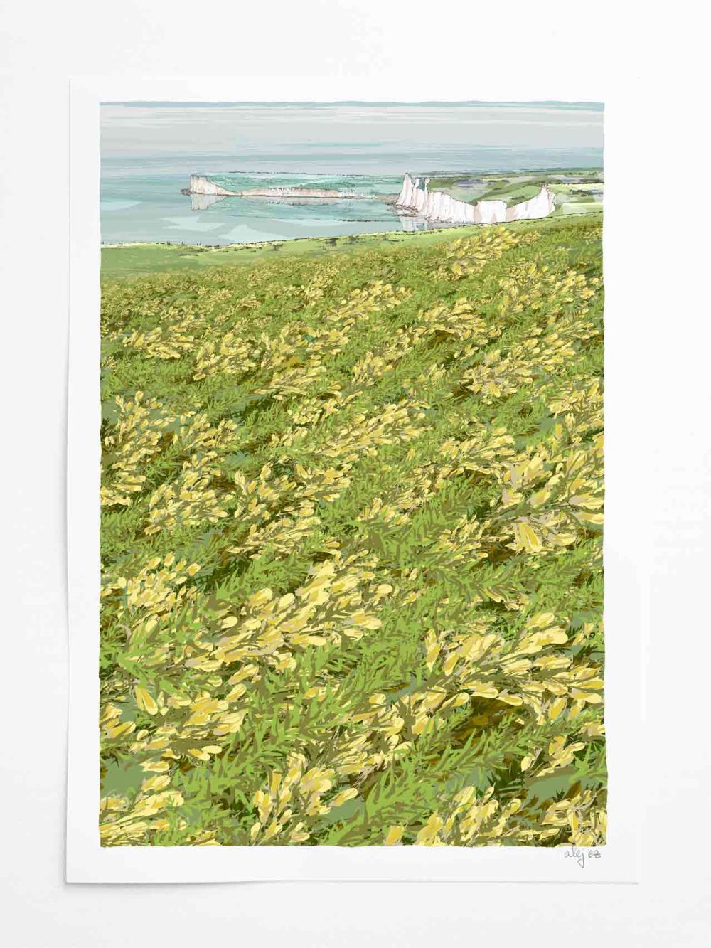 Art print by artist alej ez titled Cuckmere Cottages West View Gorse in Bloom