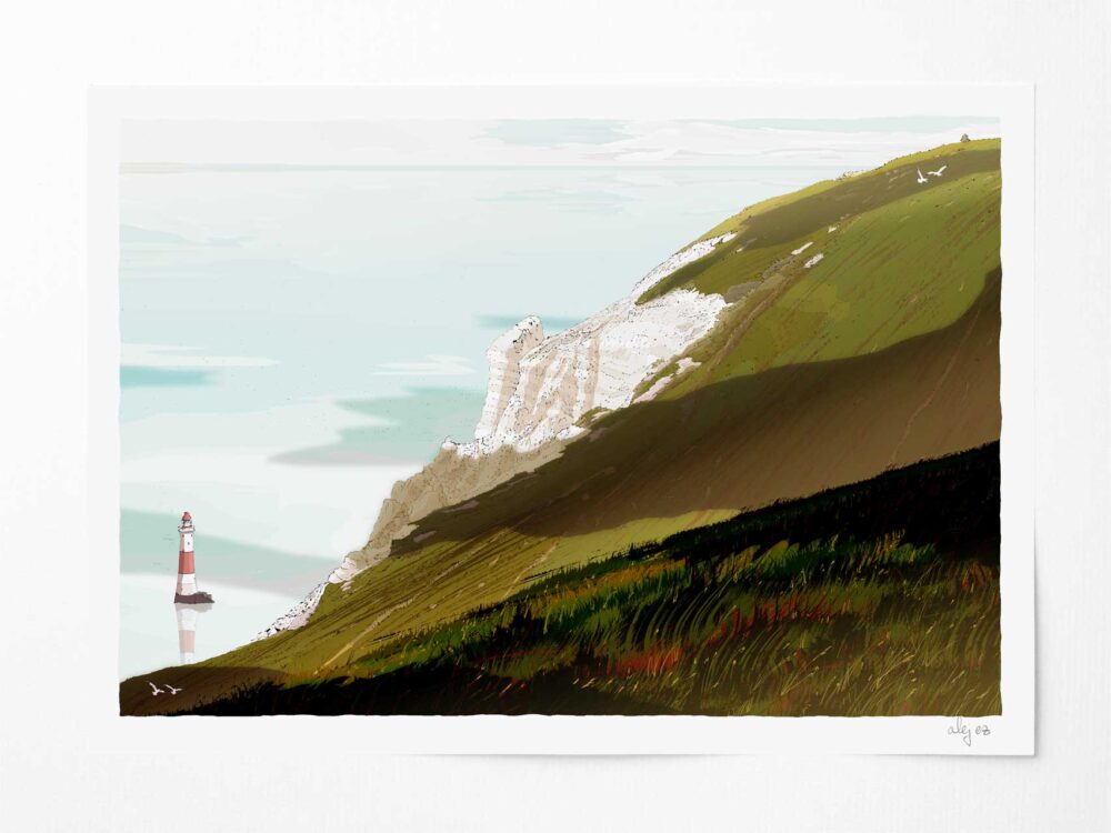 Art print by artist alej ez titled Beachy Head Lighthouse White Cliffs Amber