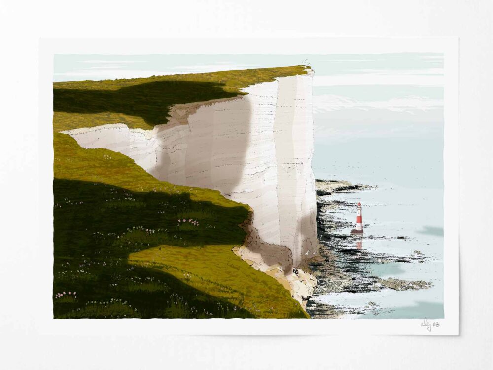 Art print titled Beachy Head Wild Meadows Chalk and Flint Cliffs and the Sea by artist alej ez
