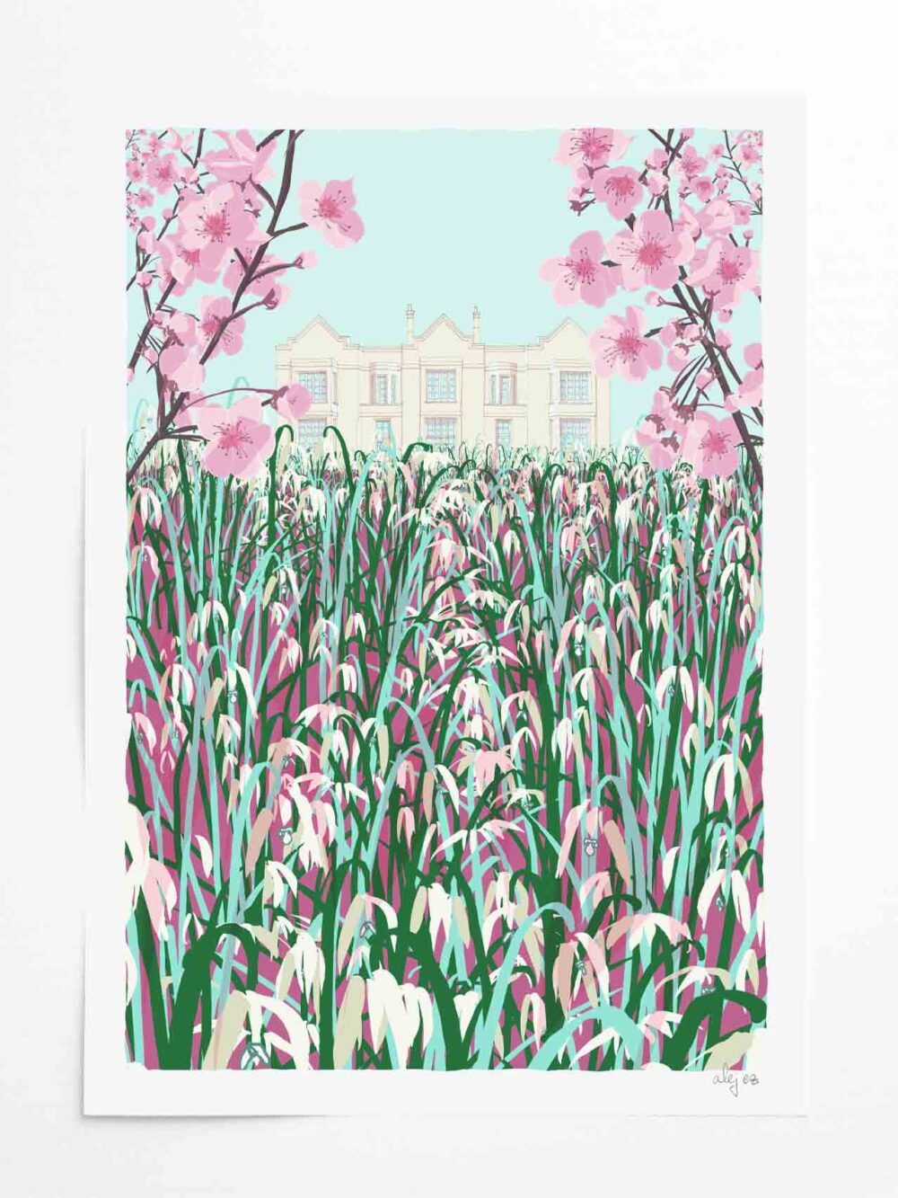 Art print by artist alej ez titled Snowdrops and Cherry Blossom Brighton Girls Vicarage