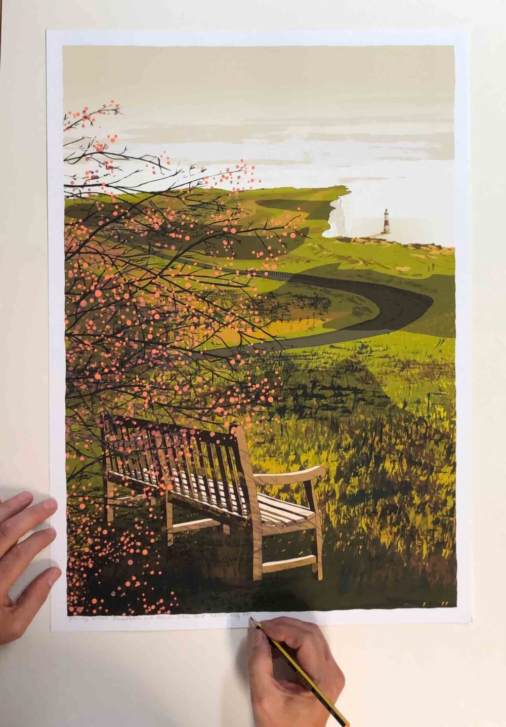 Art print by artist alej ez titled Beachy Head Green Gold Fields The Bench under Hawthorn Tree