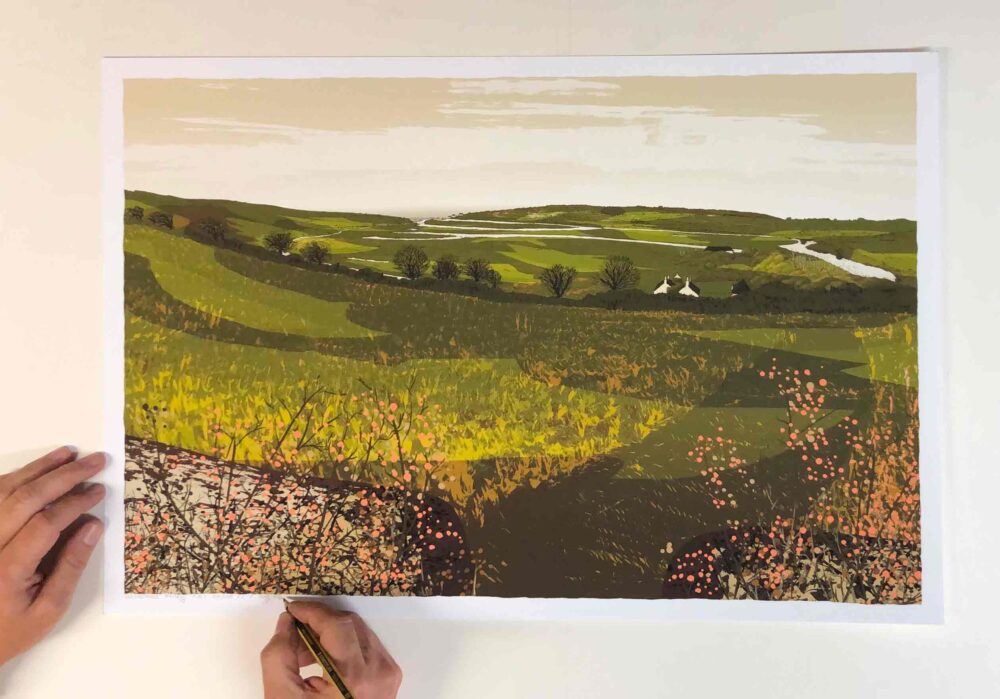 Art print by artist alej ez titled The Path through the Flint Wall Down to Cuckmere Valley Green Gold Fields