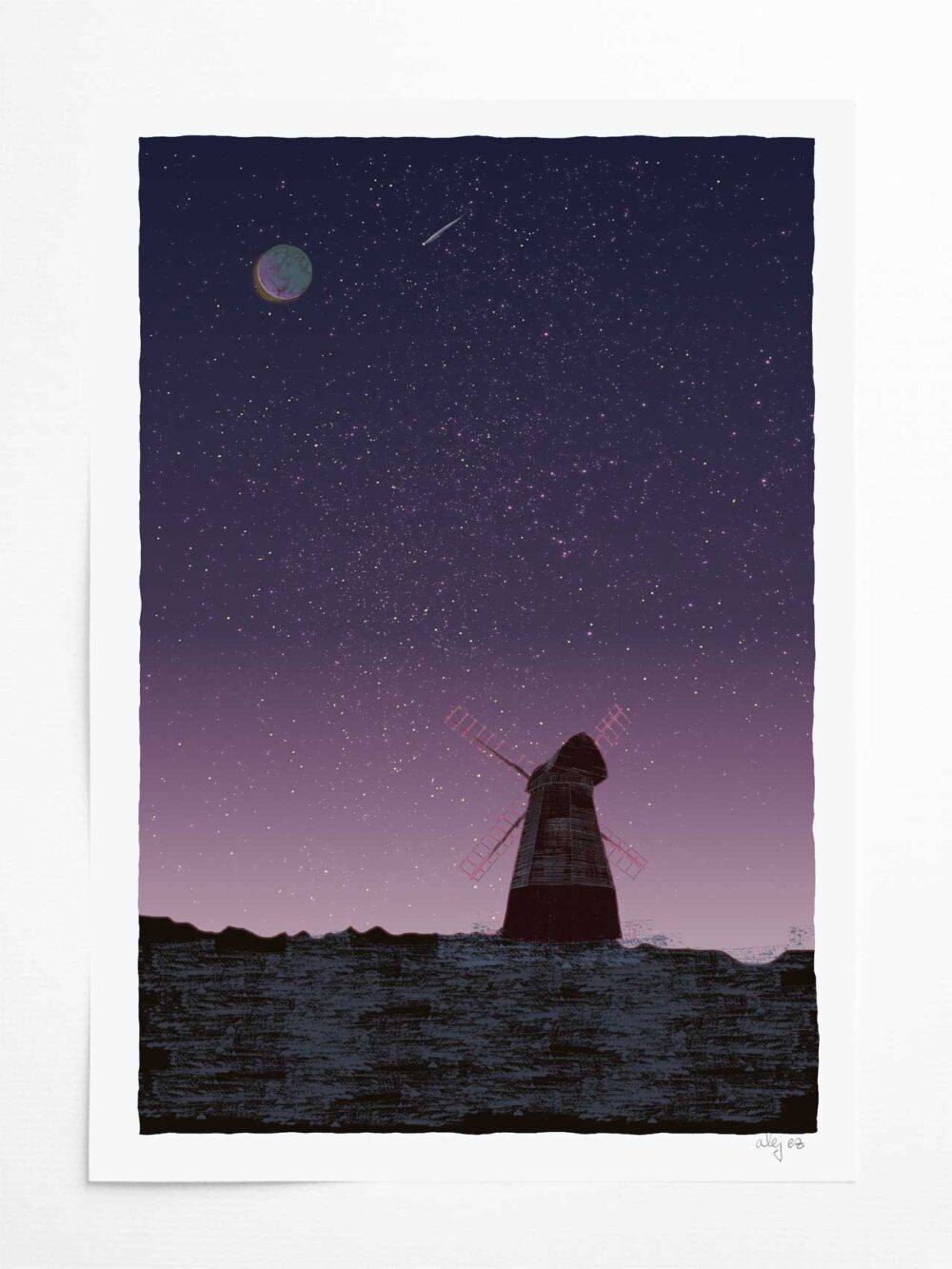 art print by artist alej ez titled A Starry Night the Moon and Rottingdean Beacon Mill