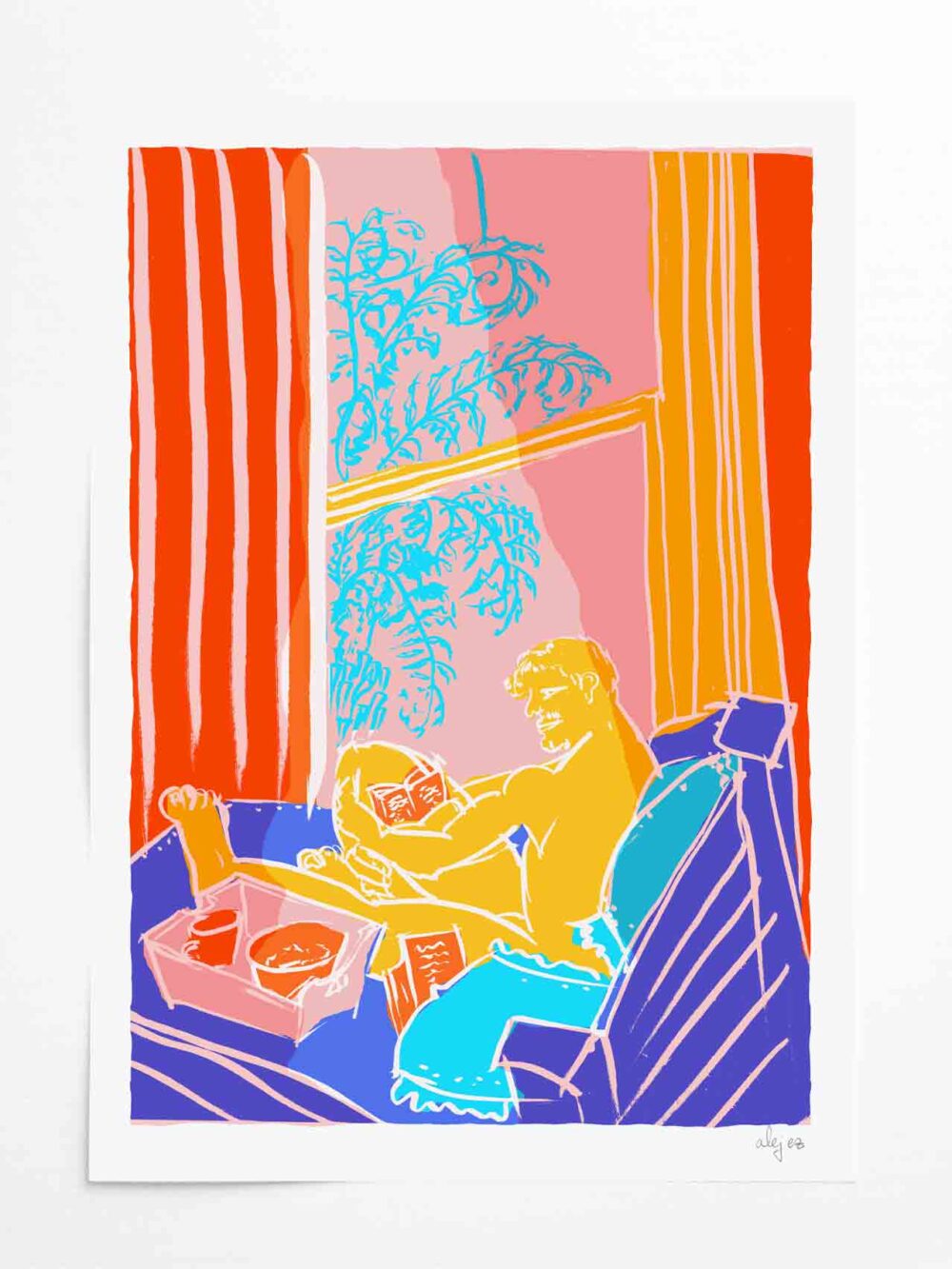 Art print titled Early Morning Breakfast in Bed with a Book at Home by artist alej ez
