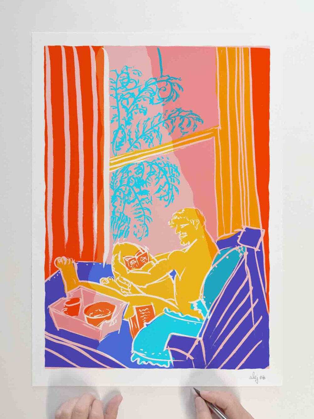 Art print titled Early Morning Breakfast in Bed with a Book at Home by artist alej ez