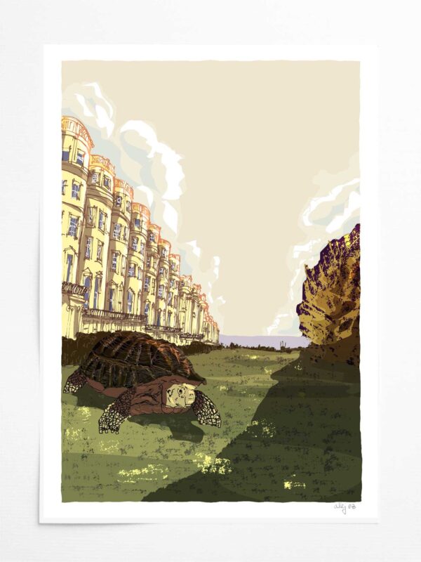 Art print by artist alej ez titled Walking Miss Edi the Tortoise at Brunswick Square Gardens by the Sea