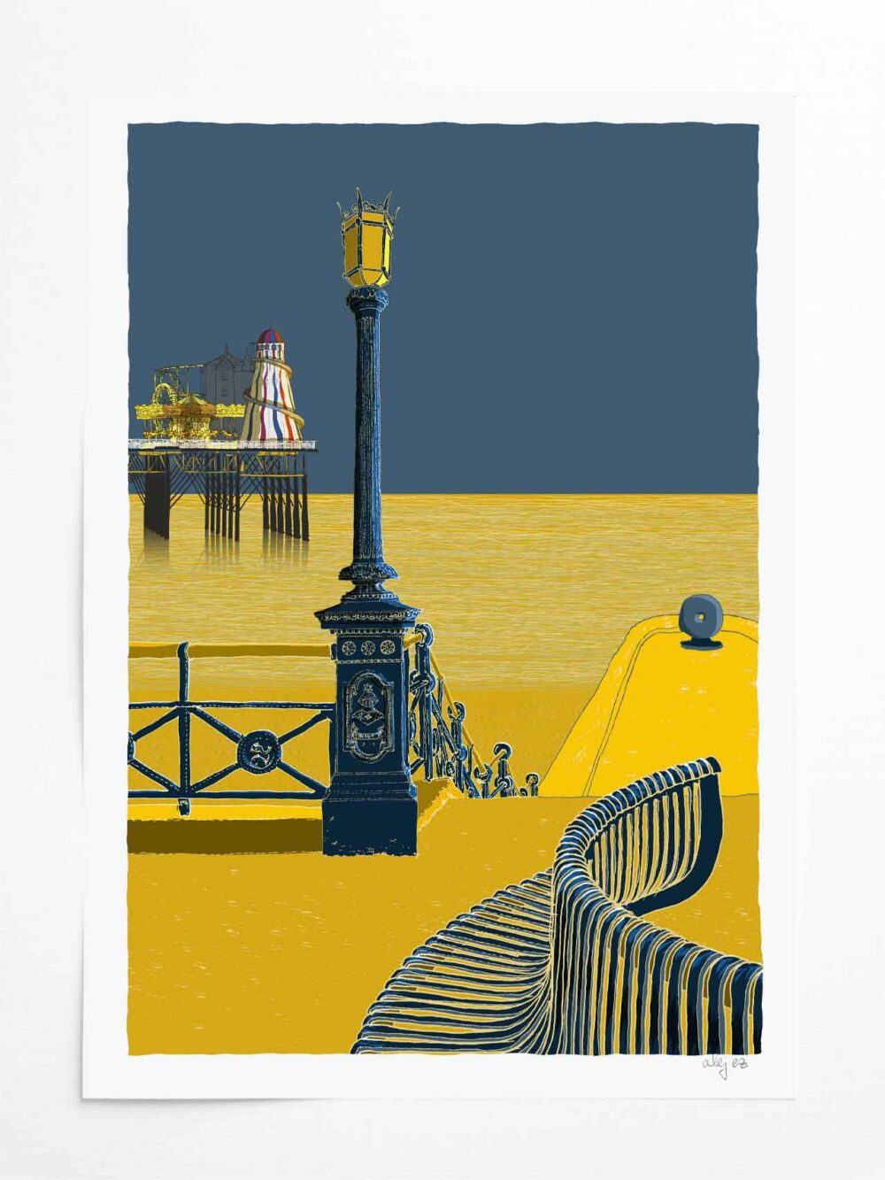 Art print titled Brighton Seafront a Walk to the Palace Pier Antique Ochre and Blue by artist alej ez