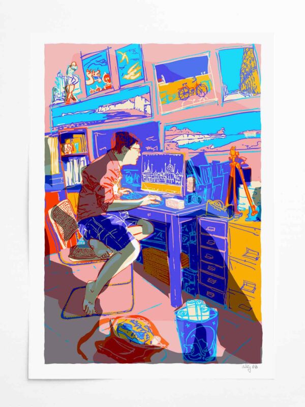 Art print by artist alej ez titled Colouring up - the Artist Working in the Studio