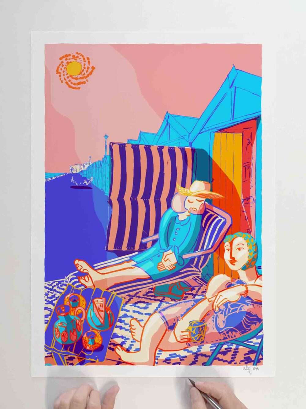 Art print by artist alej ez titled Dozing and Sea Gazing at the Beach Hut by Hove Lawns Brighton