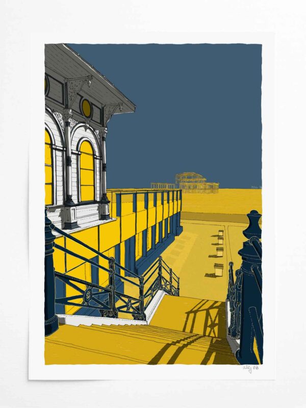 Art print by artist alej ez titled Steps Down to Brighton and Hove Seafront - West Pier