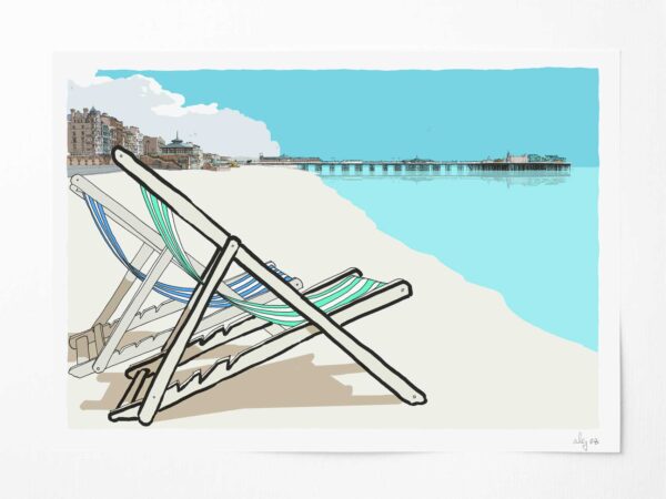 Art Print titled Brighton Pebble Beach Striped Deck Chairs by artist alej ez