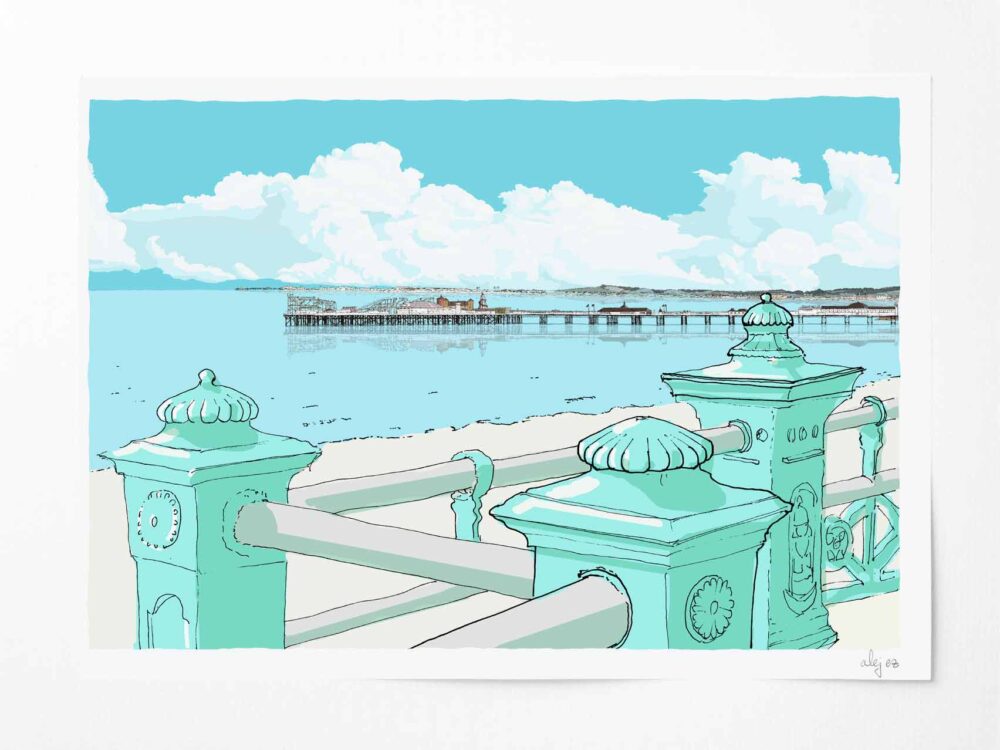 Art print bu artist alej ez titled Brighton Palace Pier from Marine Parade Ocean Blue