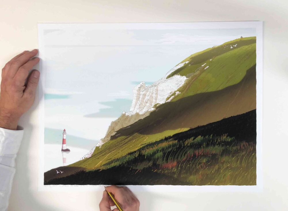 Art print by artist alej ez titled Beachy Head Lighthouse White Cliffs Amber