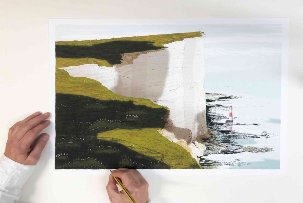 Art print titled Beachy Head Wild Meadows Chalk and Flint Cliffs and the Sea by artist alej ez