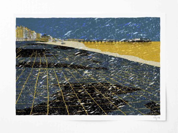 Art print by artist alej ez titled Brighton Beach a Walk in the Rain Antique Ochre and Blue