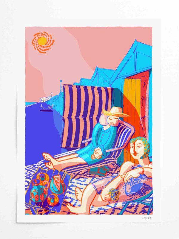 Art print by artist alej ez titled Dozing and Sea Gazing at the Beach Hut by Hove Lawns Brighton