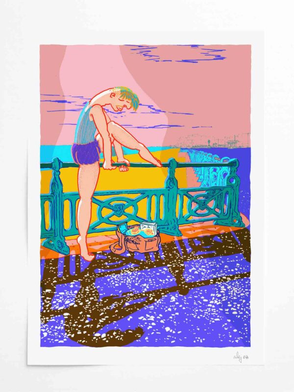 Art print by artist alej ez titled Lunch Break Quick Sea Swim Brighton Promenade