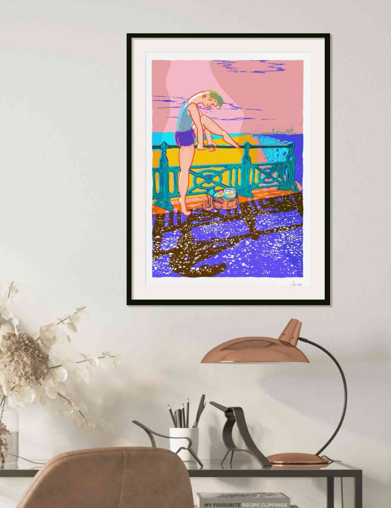 Art print by artist alej ez titled Lunch Break Quick Sea Swim Brighton Promenade