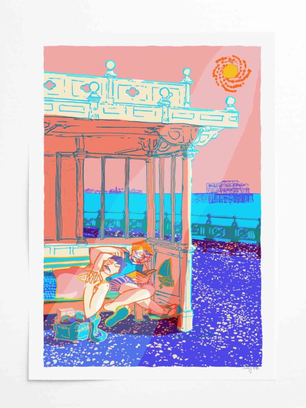 Art print by artist alej ez titled Sheltering from the Sun Brighton Seafront