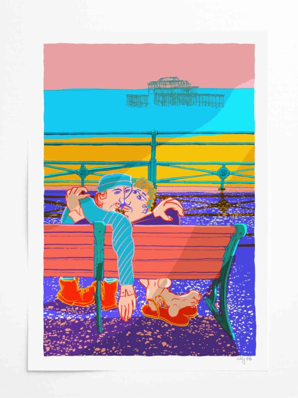 Art print by artist alej ez titled Catching up after Work at the Seafront Brighton