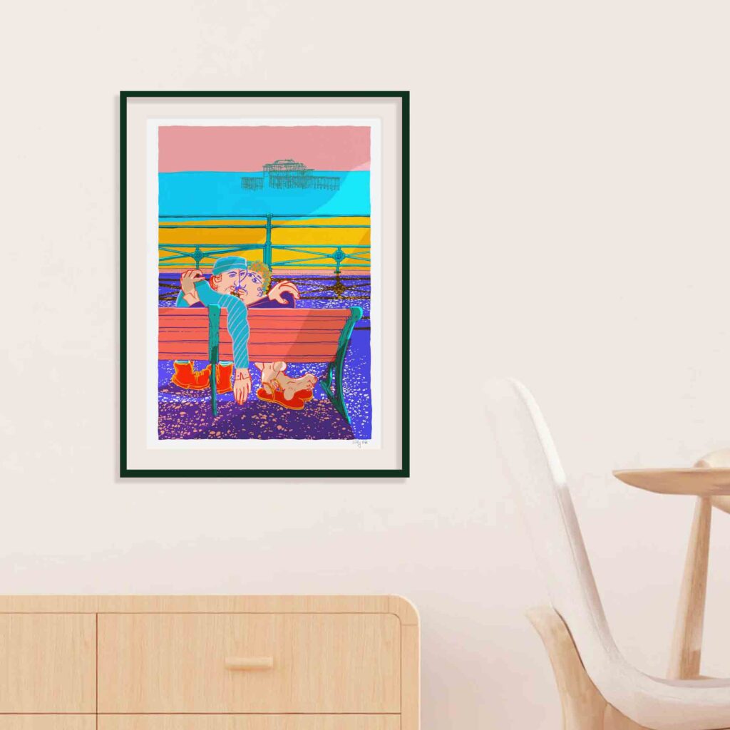 Framed Art print by artist alej ez titled Catching up after Work at the Seafront Brighton