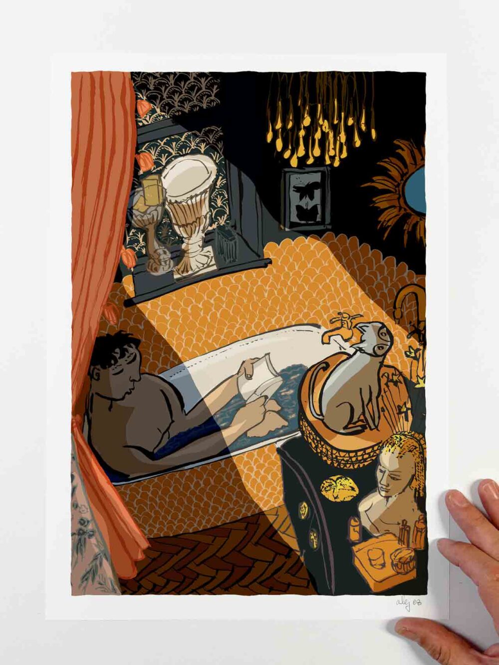 Art print by artist alej ez titled A Bath a Book and a Cat