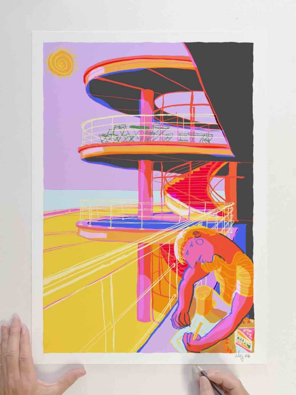 Art print by artist alej ez titled An Artist on the Terrace of De La Warr Pavilion Looking out to the Sea with a Cup of Tea and a Cake