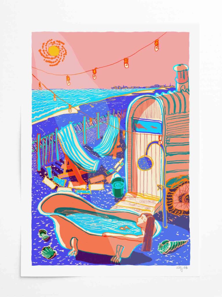 Art print by artist alej ez titled Relax and Recharge Brighton Beach Sauna
