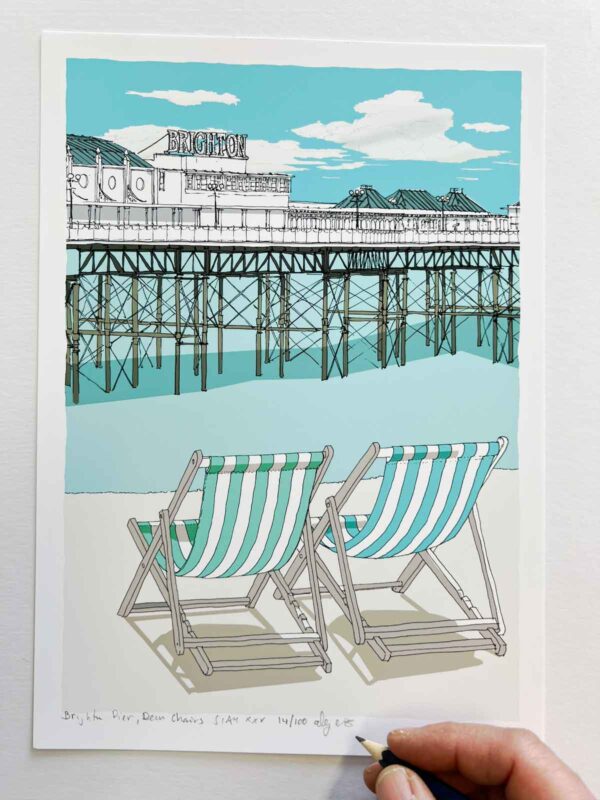 Fine art print by artist alej ez titled Brighton Beach Pier and Deck Chairs