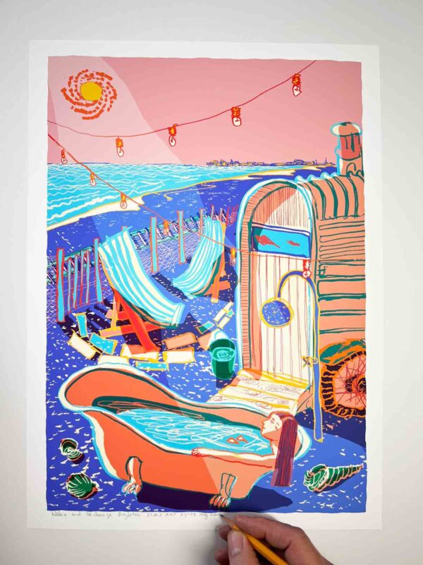 Art print by artist alej ez titled Relax and Recharge Brighton Beach Sauna