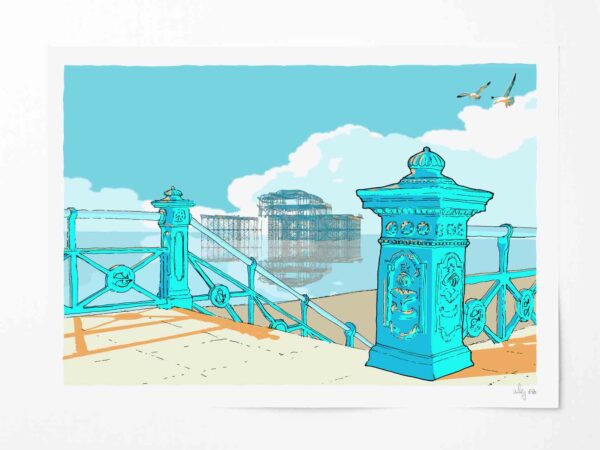 Art print titled Brighton Seafront Steps Down to West Pier Sky Blue by artist alej ez