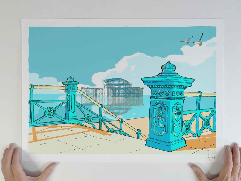 Art print titled Brighton Seafront Steps Down to West Pier Sky Blue by artist alej ez