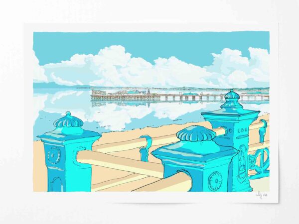 Art print by artist alej ez titled Brighton Seafront and Palace Pier from Marine Parade Sky Blue