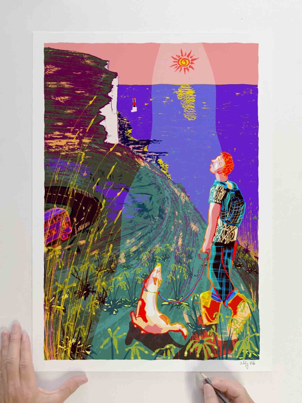 art print by artists alej ez titled A Walk along the South Downs with my Doggie