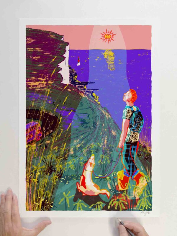 art print by artists alej ez titled A Walk along the South Downs with my Doggie
