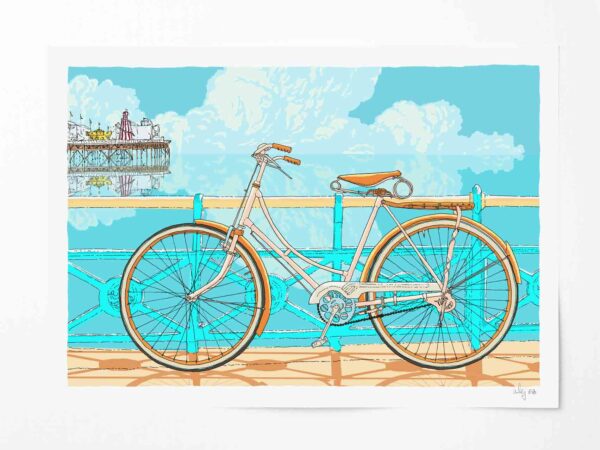Art print by artist alej ez titled Cycle to Brighton Palace Pier Sky Blue