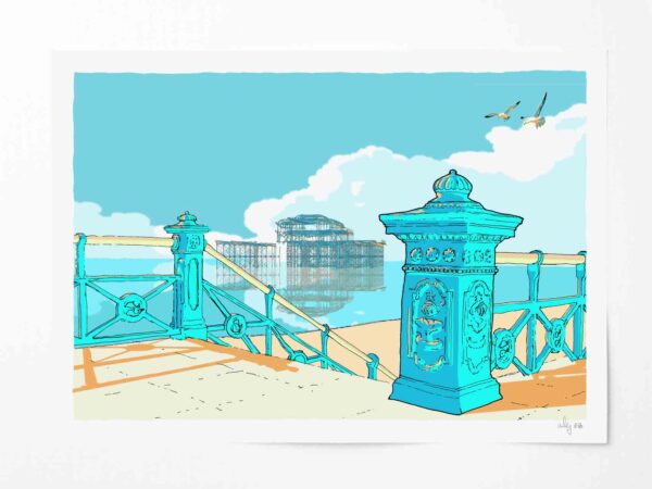Art print titled Brighton Seafront Steps Down to West Pier Sky Blue by artist alej ez