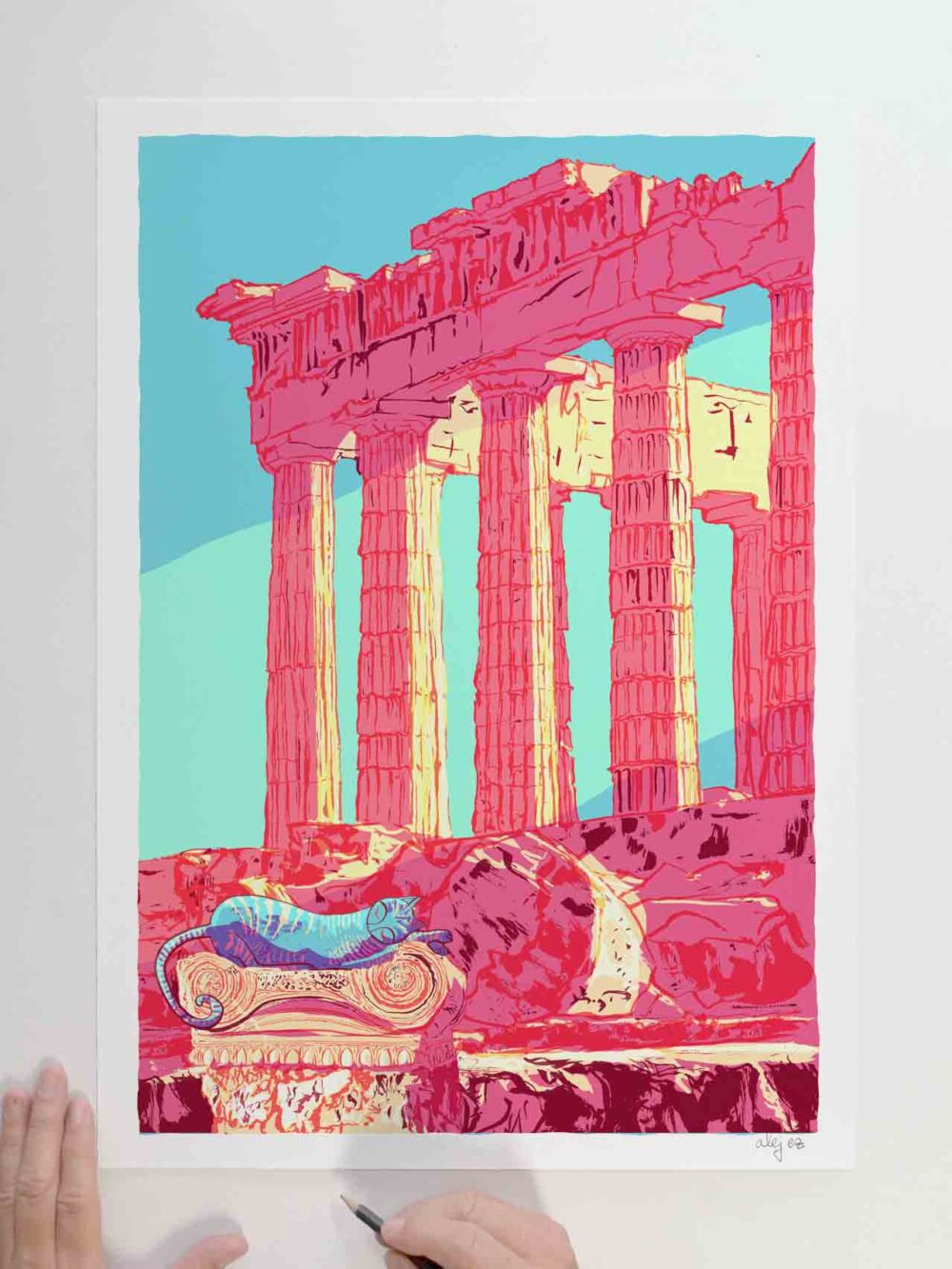 Art print by artist alej ez titled The Parthenon Ionic Capital and the Cat in Athens