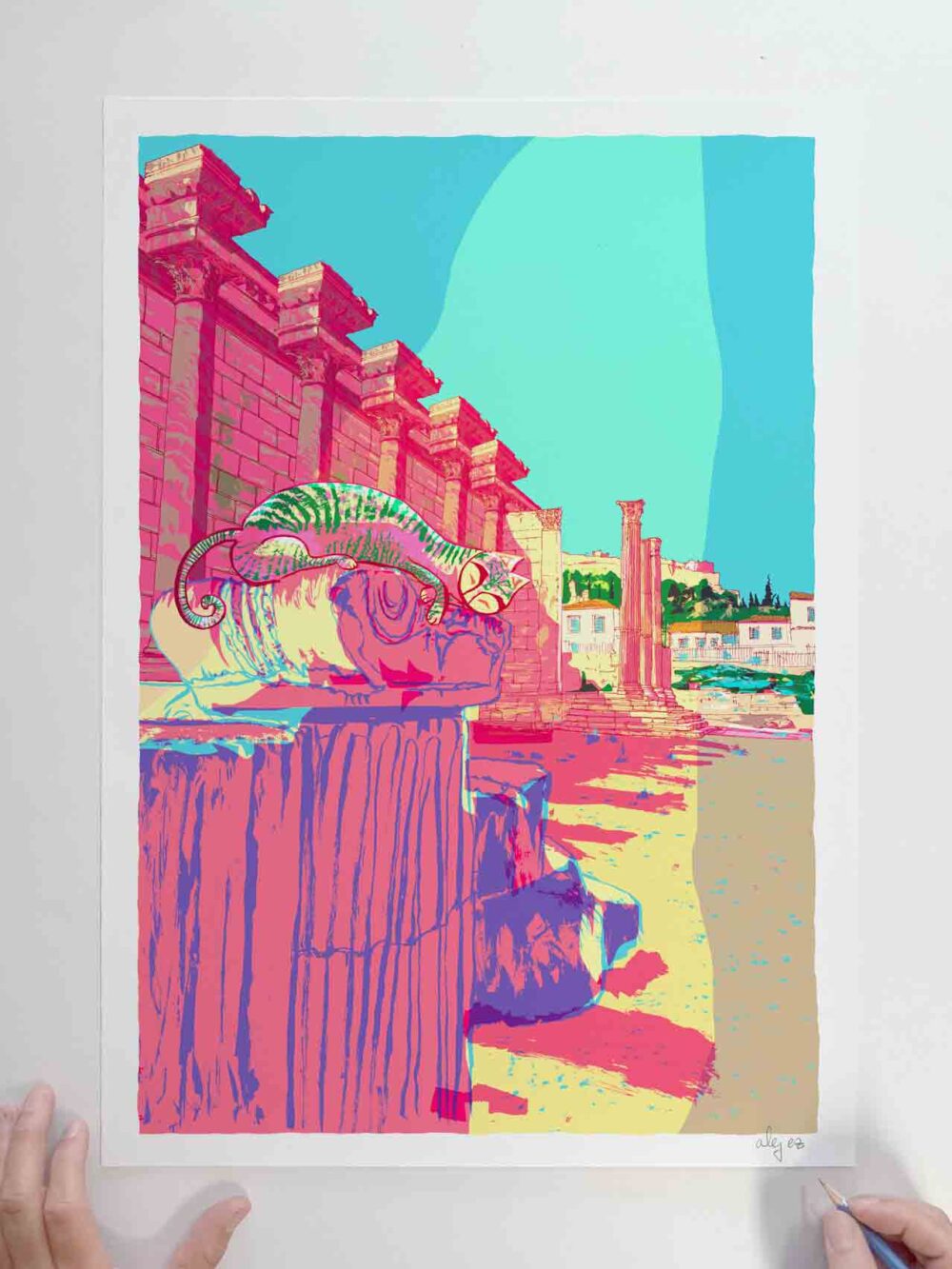 Art print by artist alej ez titled Hadrians Library Colonnade and the Cat in Athens