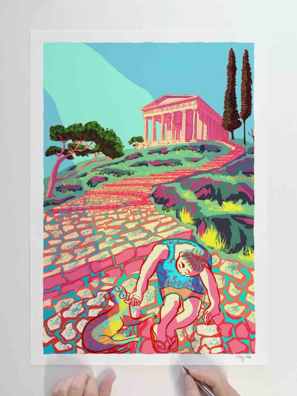 Art print by artist alej ez titled Hephaestus Steps The Cat and the Girl in Athens
