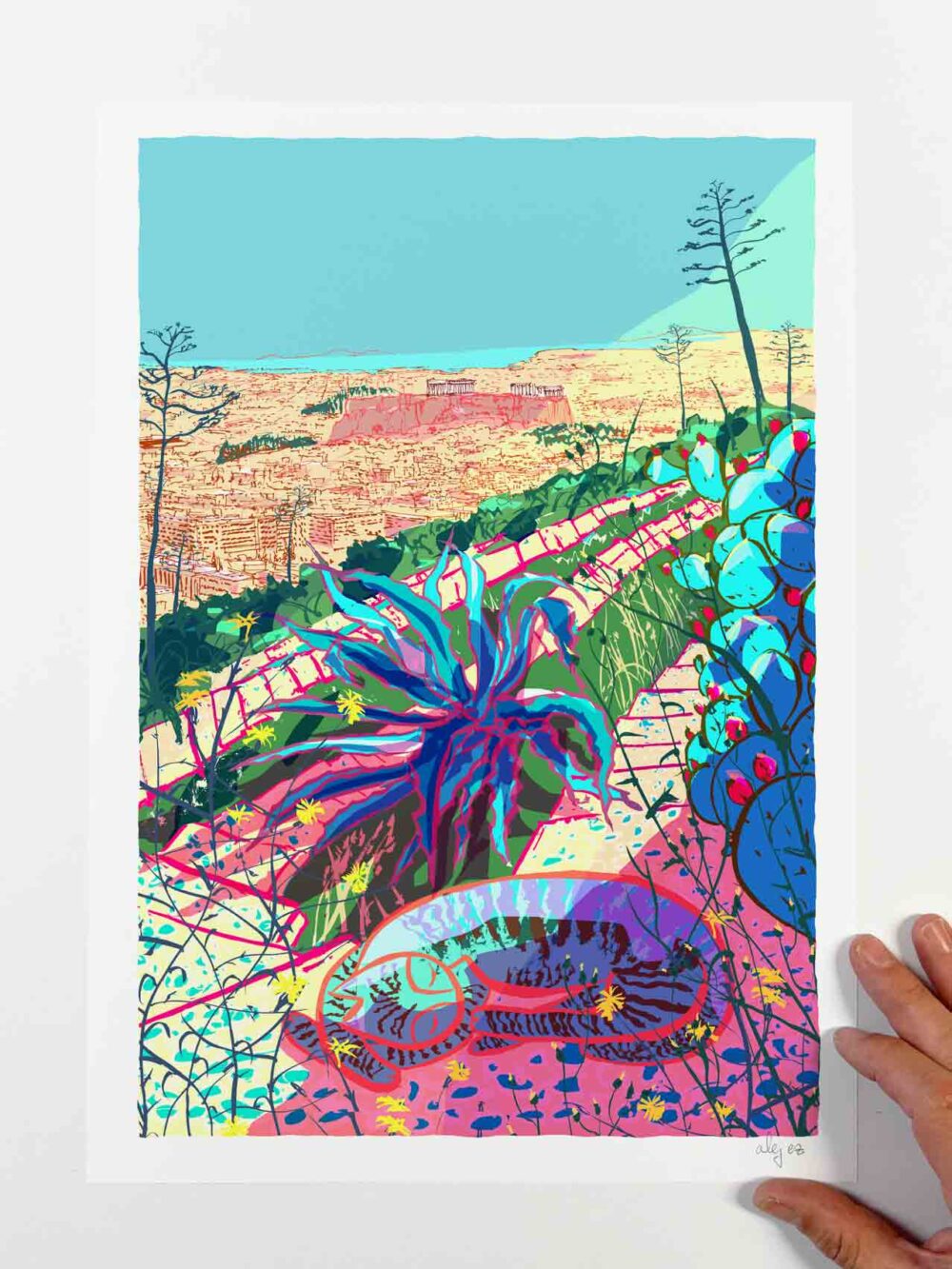 Art print by artist alej ez titled Lycabettus Hill and the Cat in Athens