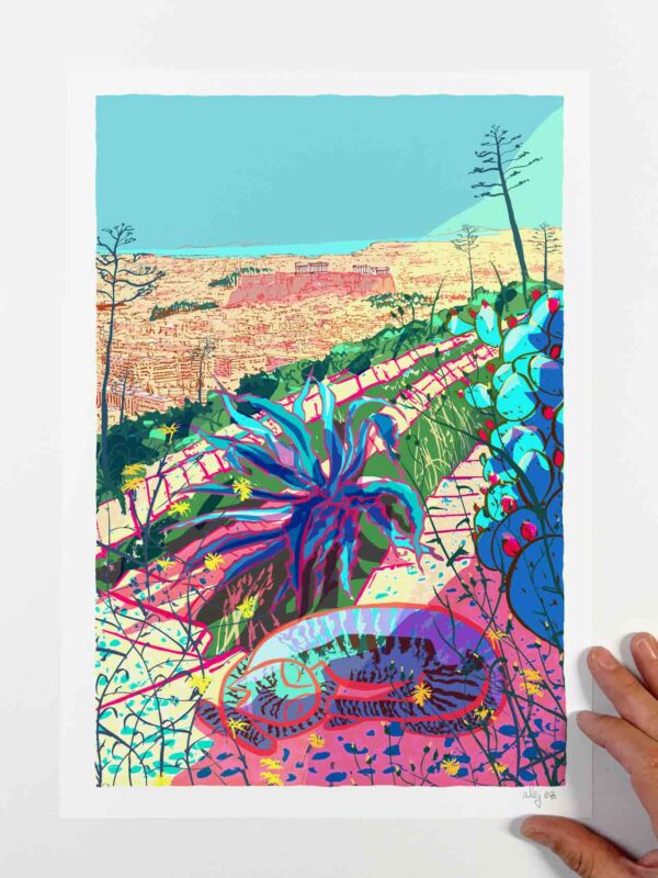 Art print by artist alej ez titled Lycabettus Hill and the Cat in Athens