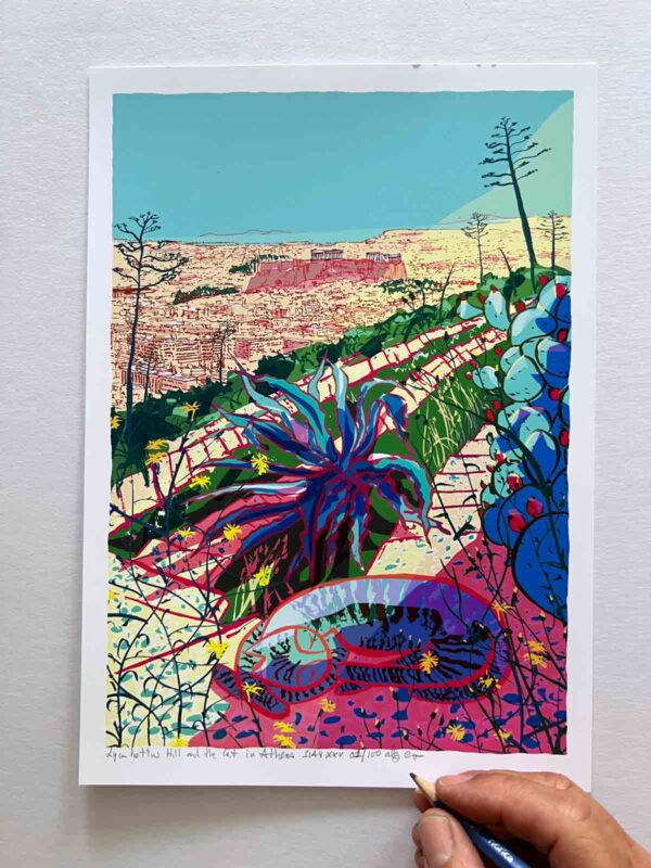 Art print by artist alej ez titled Lycabettus Hill and the Cat in Athens