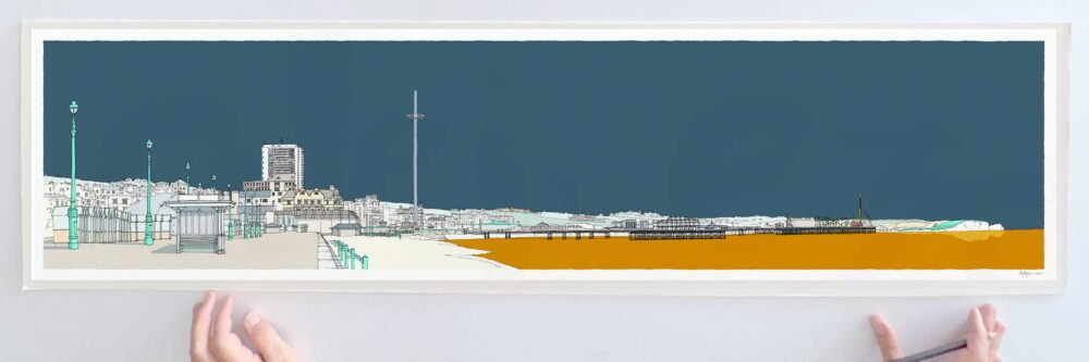 art print titled Hove Brighton Beach Promenade Antique Blue and Ochre by artist alej ez