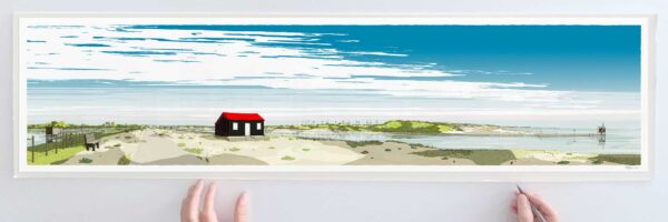 art print titled Red Roofed Hut Rye Harbour Camber Sands by artist alej ez