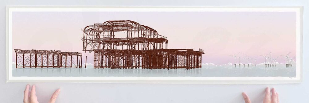 Art print by artist alej ez titled West Pier and Rampion Wind Farm Eventide