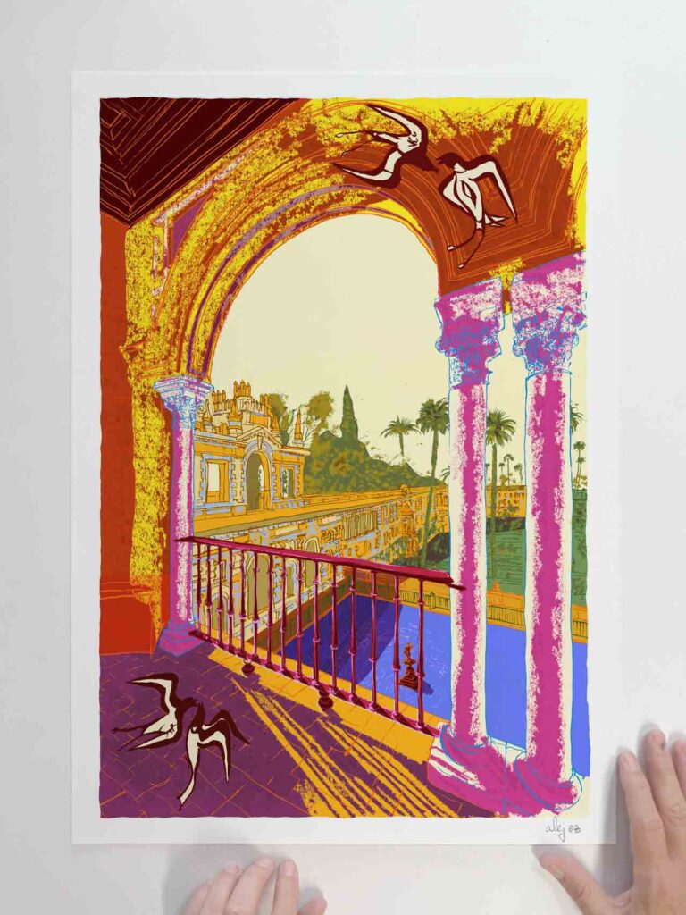 Art print by artist alej ez titled Swifts and Mercury Fountain Gardens of Seville Alcazar